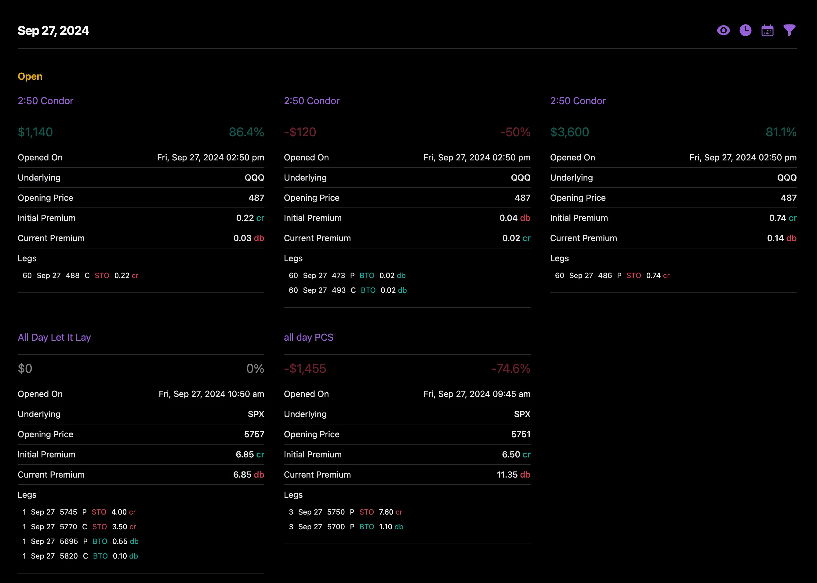 Option Omega automated trading dashboard showing live strategies and fills